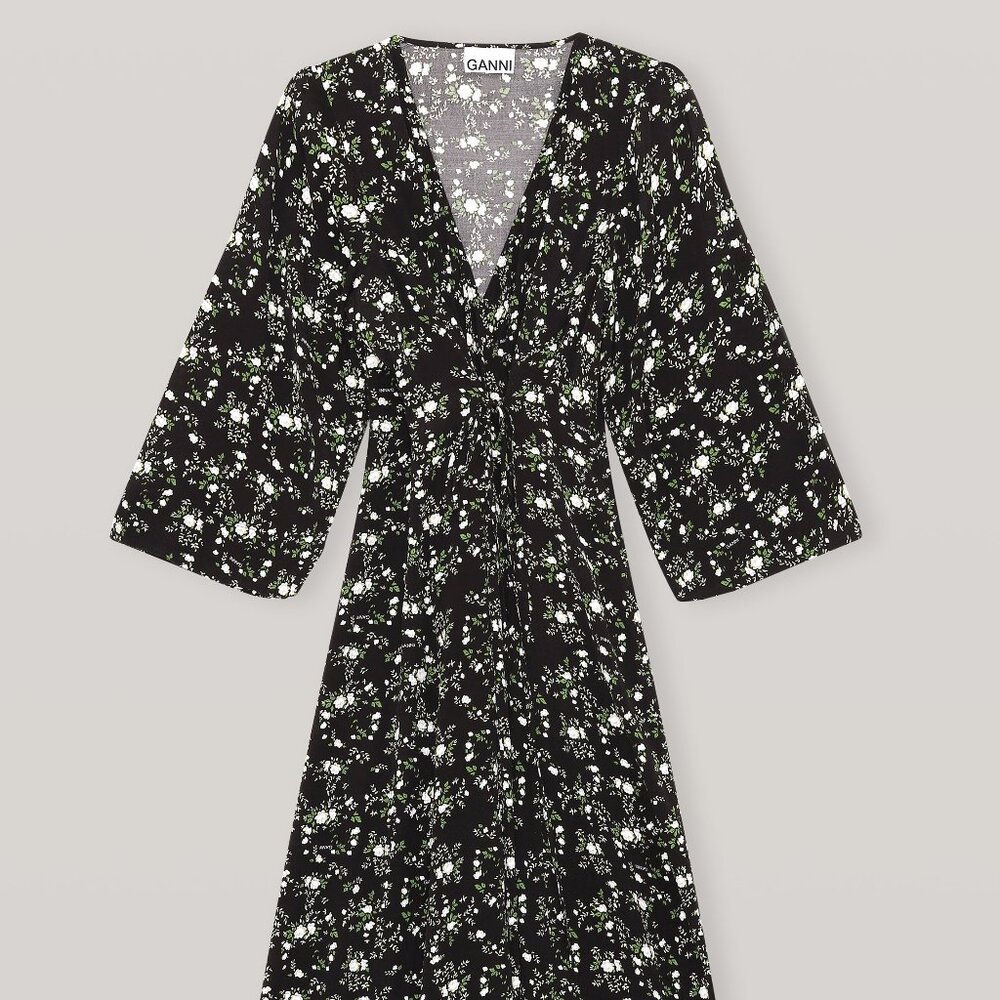 Ganni Floral Printed Crepe Wrap Dress - Size XS